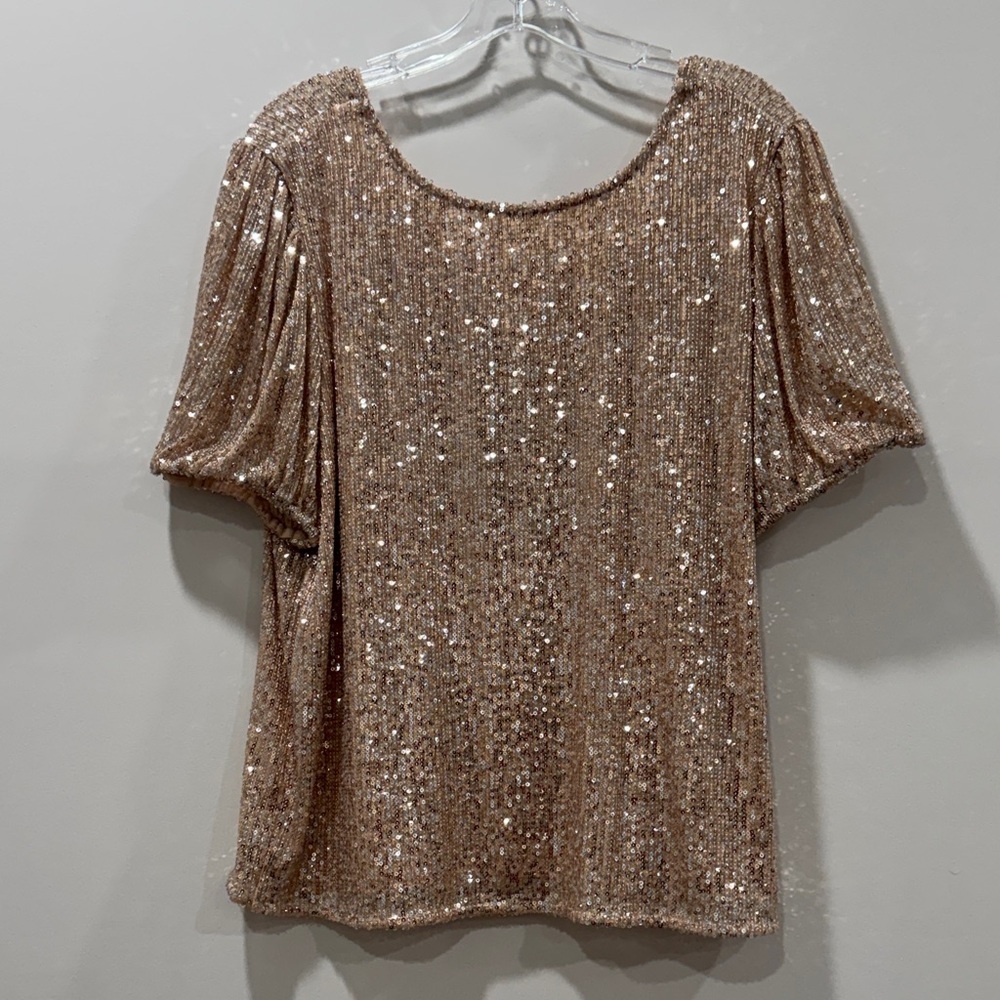 A.U.W. Sequin Embellished Gold Short Sleeved Blouse
